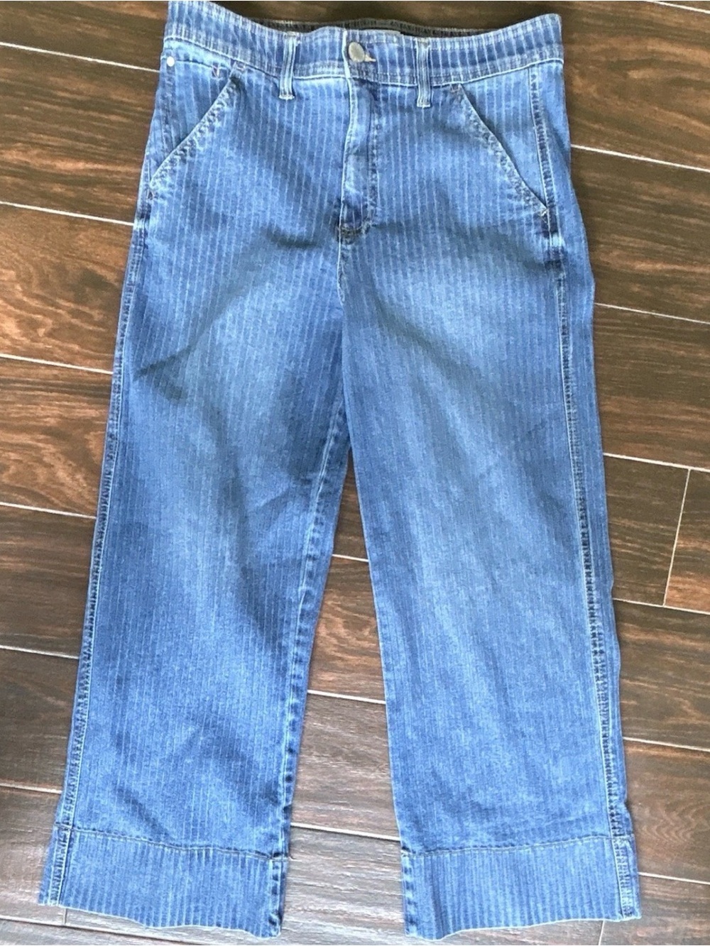 Curve Appeal Women’s Blue Jacquard Striped Denim Jeans High Rise Wide Leg Crop